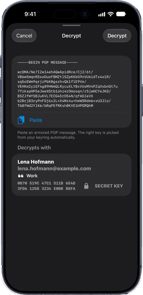 Decrypt screen with a pasted PGP message