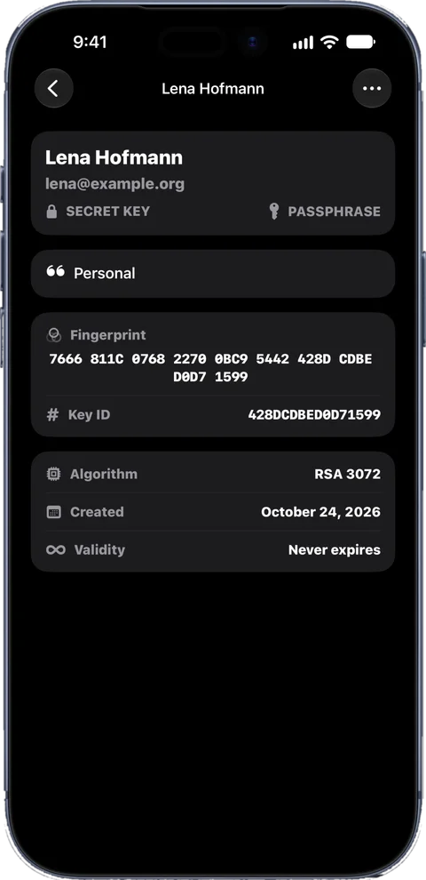 Key details showing the fingerprint and key ID