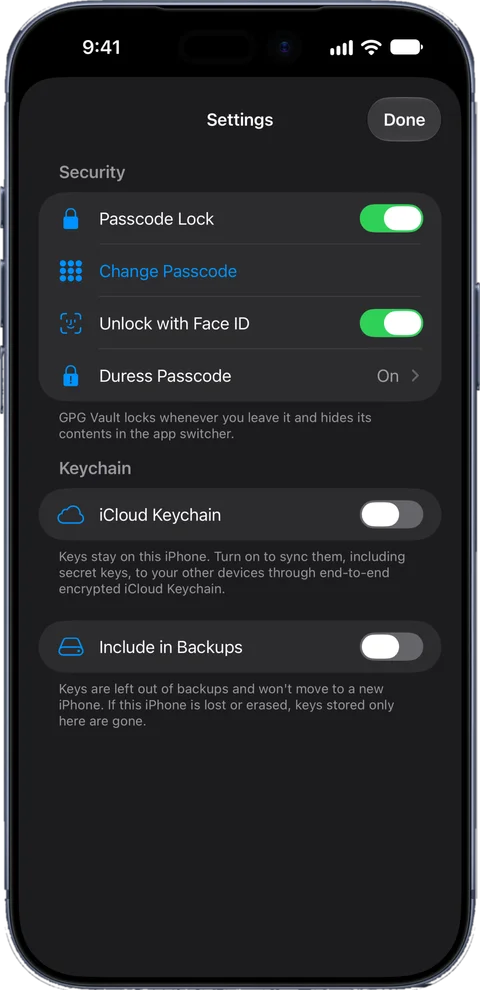Security settings with the duress passcode turned on
